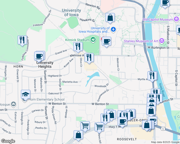 map of restaurants, bars, coffee shops, grocery stores, and more near 101 Woodside Drive in Iowa City