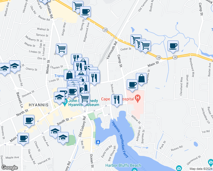 map of restaurants, bars, coffee shops, grocery stores, and more near 201 Main Street in Barnstable