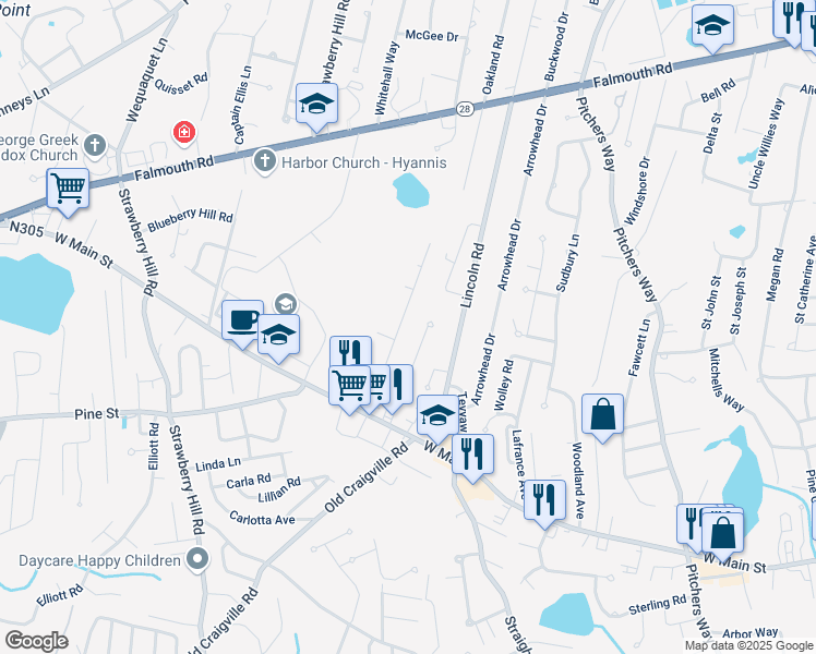 map of restaurants, bars, coffee shops, grocery stores, and more near 105 Dunns Pond Road in Barnstable