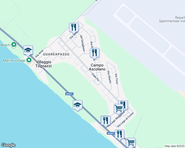 map of restaurants, bars, coffee shops, grocery stores, and more near 26 Via Dora Riparia in Torvaianica