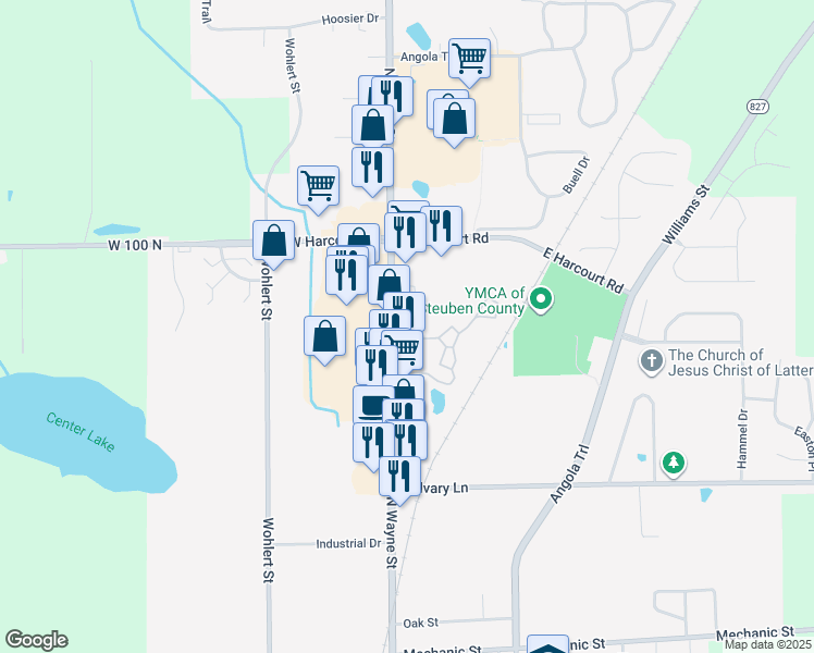 map of restaurants, bars, coffee shops, grocery stores, and more near 1700 North Wayne Street in Angola