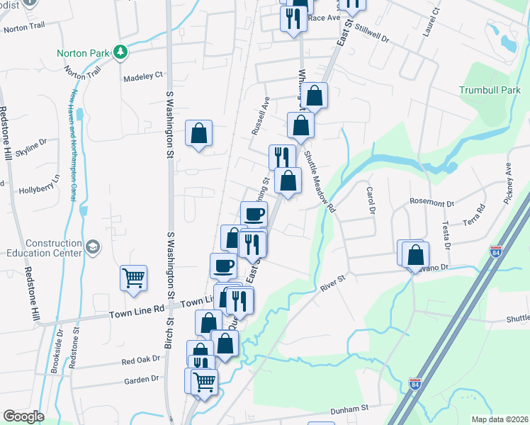 map of restaurants, bars, coffee shops, grocery stores, and more near 363 East Street in Plainville