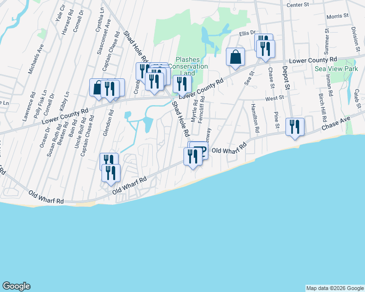 map of restaurants, bars, coffee shops, grocery stores, and more near 26 Oak Street in Dennis