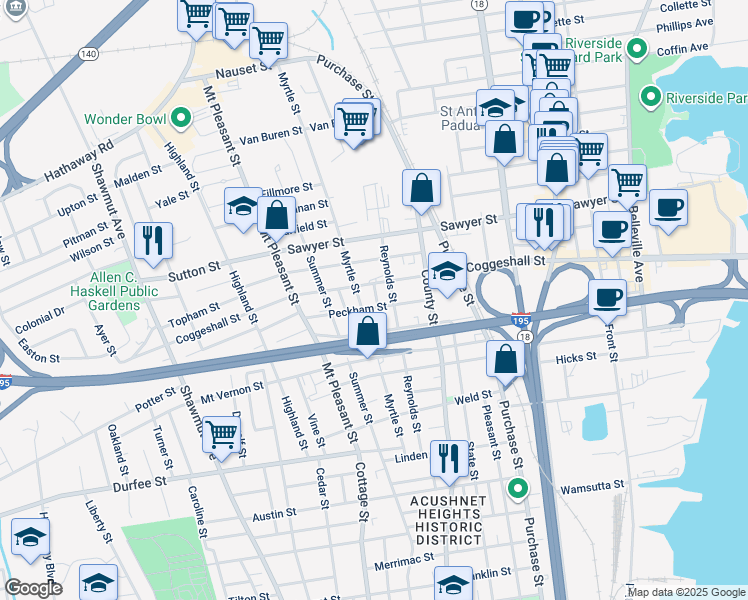 map of restaurants, bars, coffee shops, grocery stores, and more near 19 Bannister Street in New Bedford