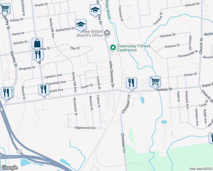 map of restaurants, bars, coffee shops, grocery stores, and more near 112 Green Street in New Britain