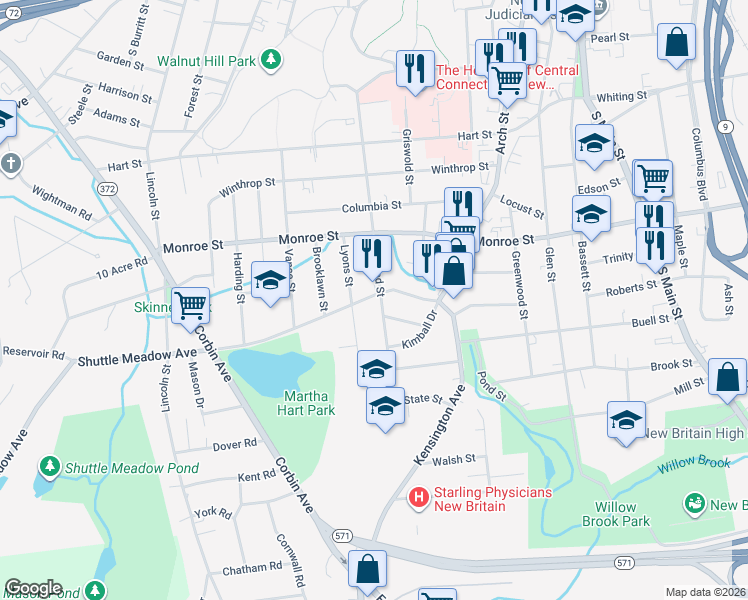map of restaurants, bars, coffee shops, grocery stores, and more near 85 Shuttle Meadow Avenue in New Britain