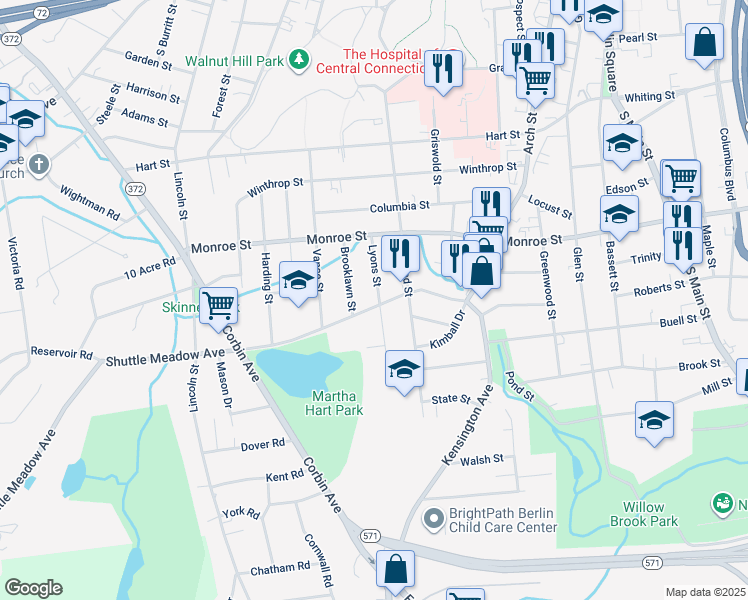 map of restaurants, bars, coffee shops, grocery stores, and more near 58 Brooklawn Street in New Britain