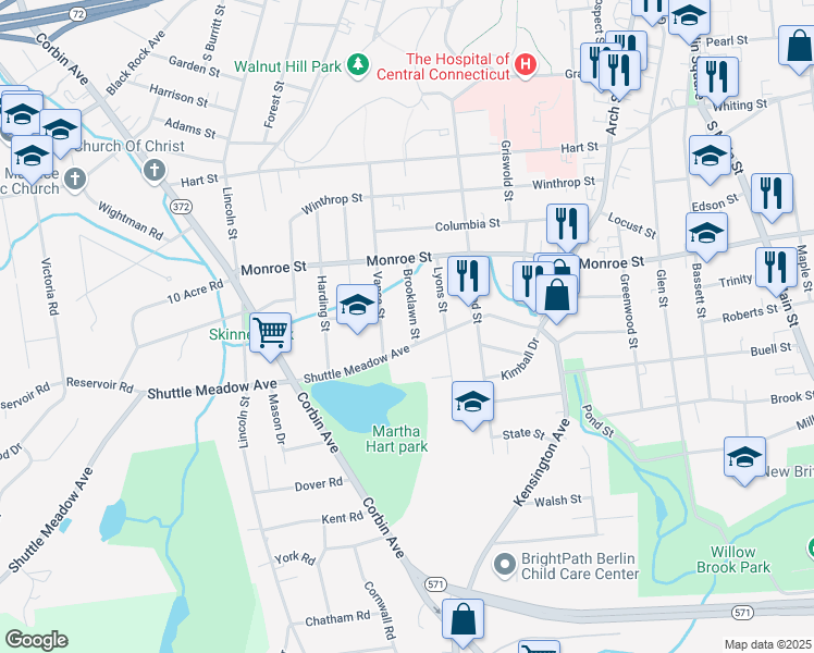 map of restaurants, bars, coffee shops, grocery stores, and more near 162 Vance Street in New Britain