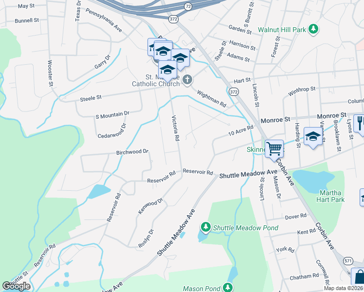 map of restaurants, bars, coffee shops, grocery stores, and more near 127 Victoria Road in New Britain