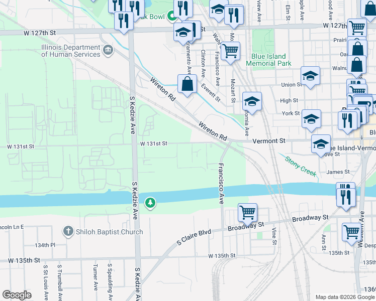 map of restaurants, bars, coffee shops, grocery stores, and more near 13111 Sacramento Avenue in Blue Island