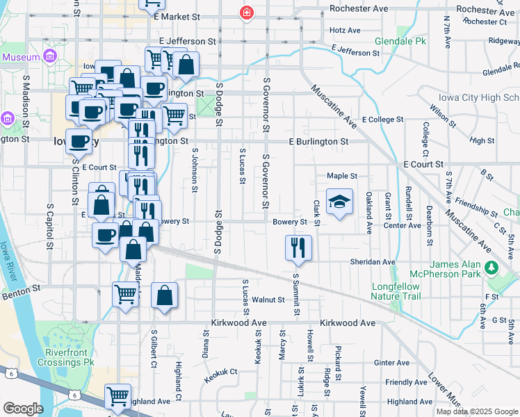 map of restaurants, bars, coffee shops, grocery stores, and more near 518 South Lucas Street in Iowa City