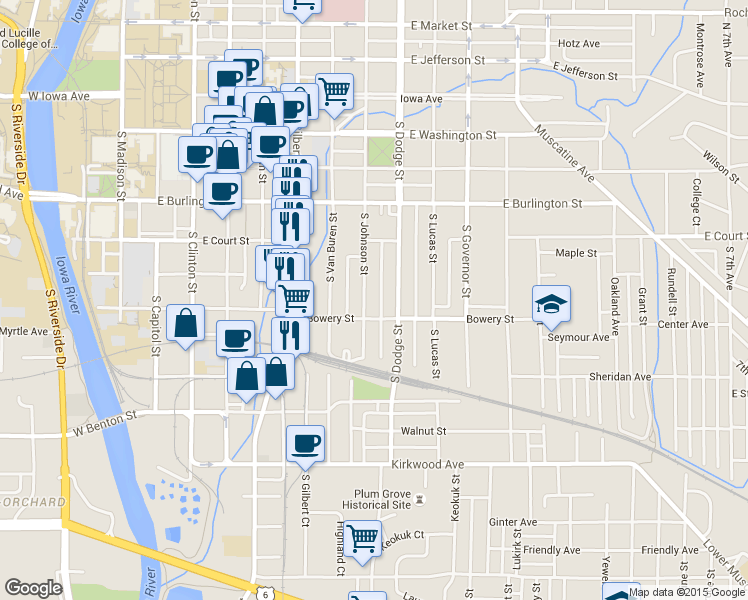 map of restaurants, bars, coffee shops, grocery stores, and more near 510 South Johnson Street in Iowa City