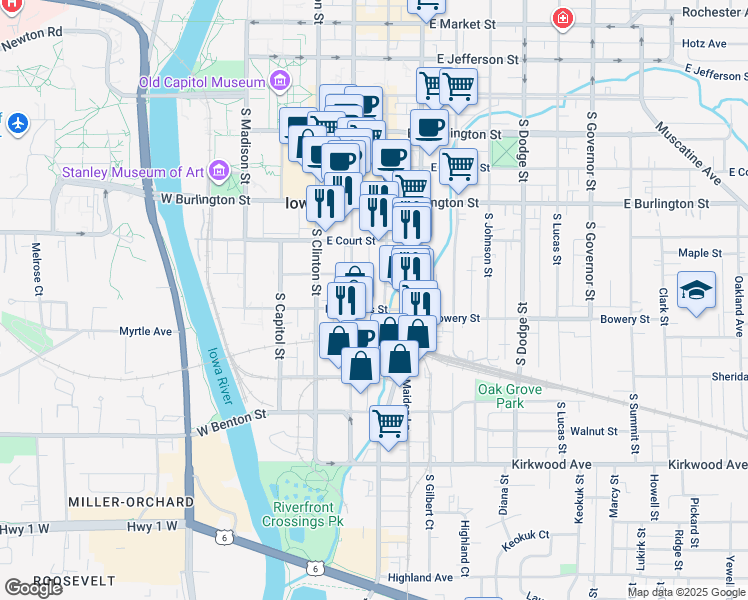 map of restaurants, bars, coffee shops, grocery stores, and more near 518 South Linn Street in Iowa City
