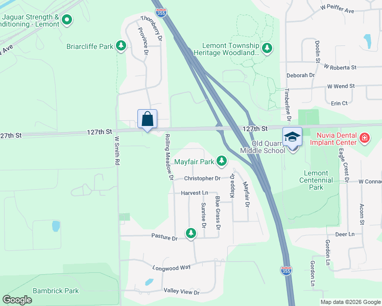 map of restaurants, bars, coffee shops, grocery stores, and more near 16519 Willow Drive in Lemont