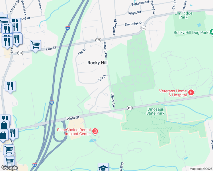 map of restaurants, bars, coffee shops, grocery stores, and more near 19 Butternut Lane in Rocky Hill