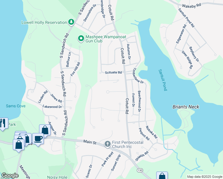 map of restaurants, bars, coffee shops, grocery stores, and more near 25 Leeward Lane in Mashpee