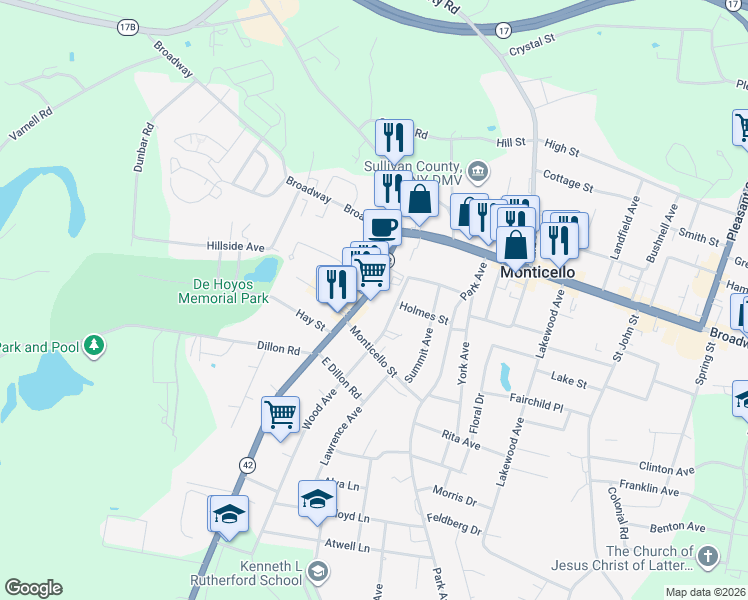 map of restaurants, bars, coffee shops, grocery stores, and more near 34 Forestburgh Road in Monticello