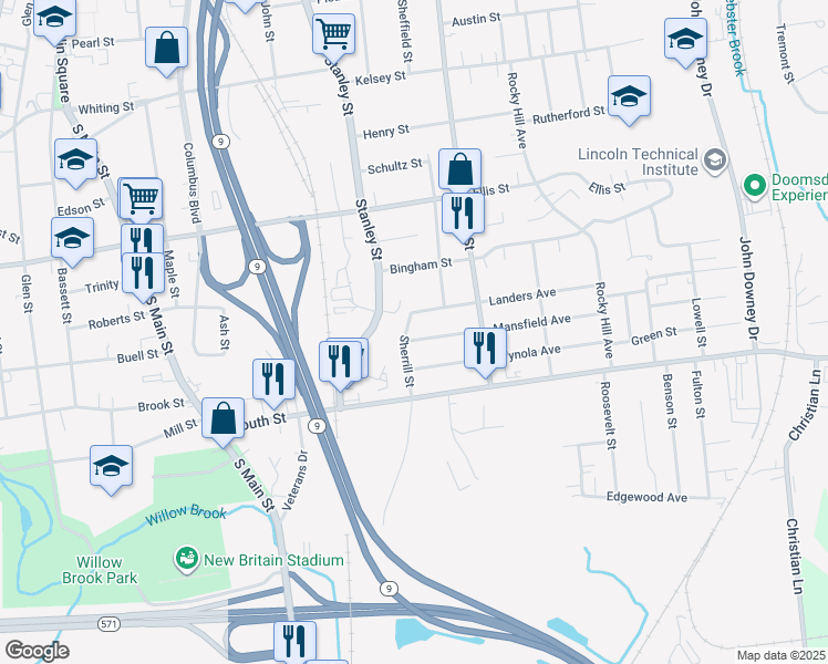 map of restaurants, bars, coffee shops, grocery stores, and more near 10 Mansfield Avenue in New Britain