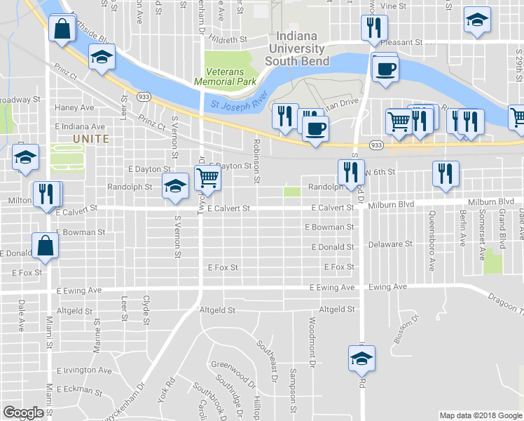 map of restaurants, bars, coffee shops, grocery stores, and more near 1706 East Calvert Street in South Bend