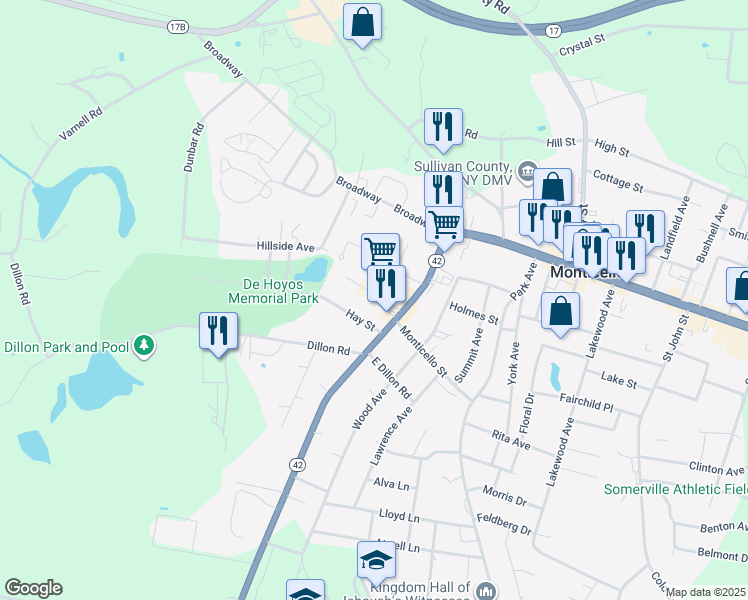 map of restaurants, bars, coffee shops, grocery stores, and more near 13 Pine Street in Monticello