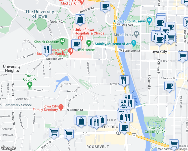 map of restaurants, bars, coffee shops, grocery stores, and more near 516 Brookland Park Drive in Iowa City