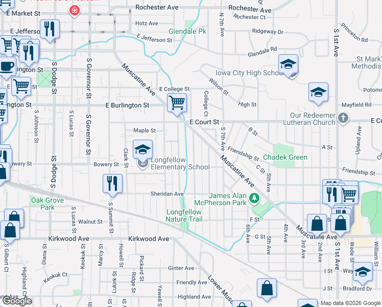 map of restaurants, bars, coffee shops, grocery stores, and more near 516 Grant Street in Iowa City