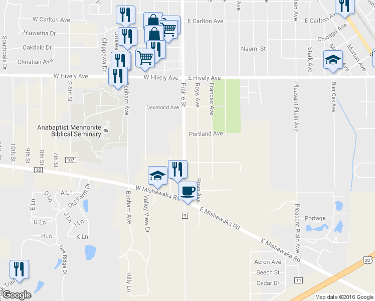 map of restaurants, bars, coffee shops, grocery stores, and more near 57834 County Road 9 in Elkhart
