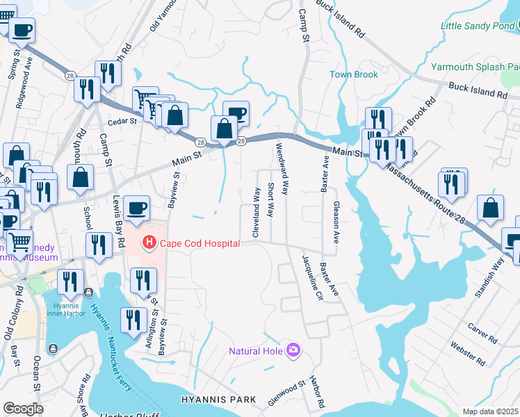 map of restaurants, bars, coffee shops, grocery stores, and more near 52 Cleveland Way in Yarmouth