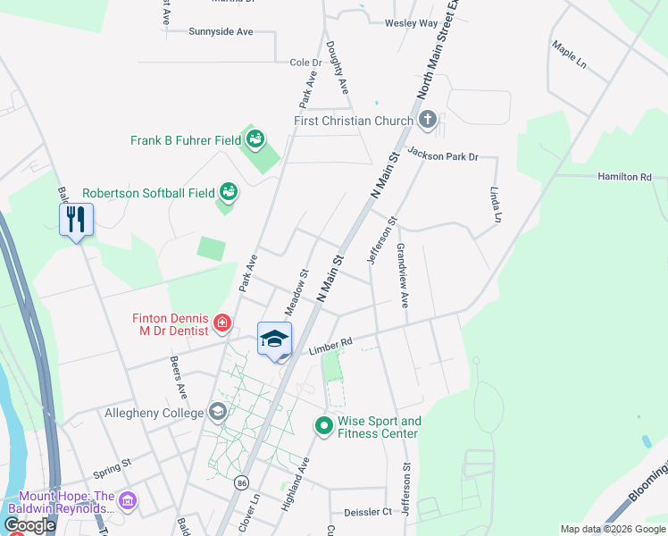 map of restaurants, bars, coffee shops, grocery stores, and more near 287 N Main St in Meadville