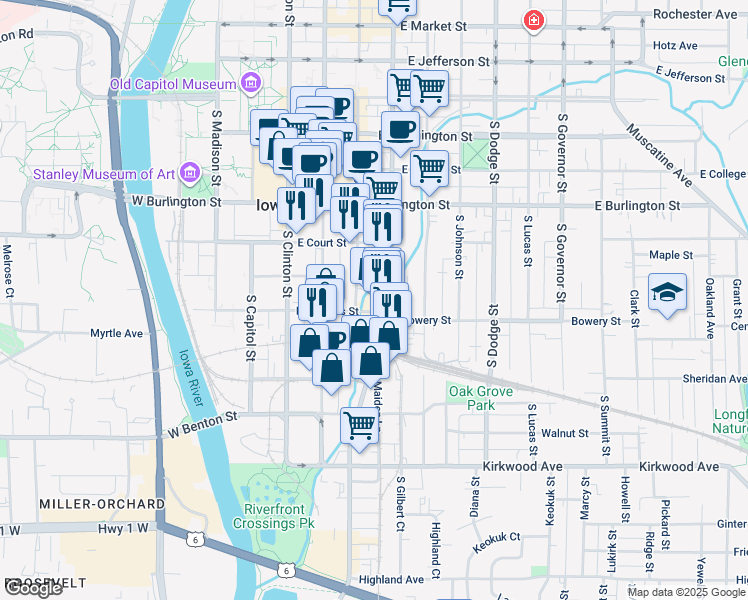 map of restaurants, bars, coffee shops, grocery stores, and more near 322 East Prentiss Street in Iowa City