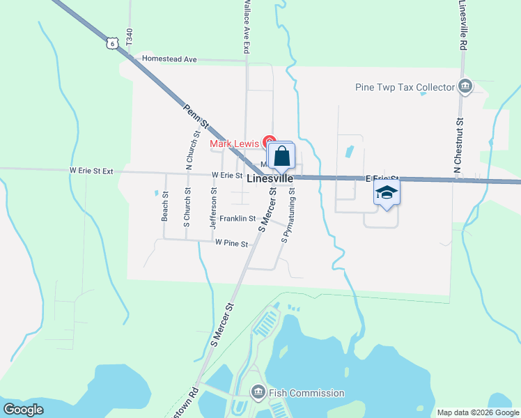 map of restaurants, bars, coffee shops, grocery stores, and more near 121 S Mercer St in Linesville