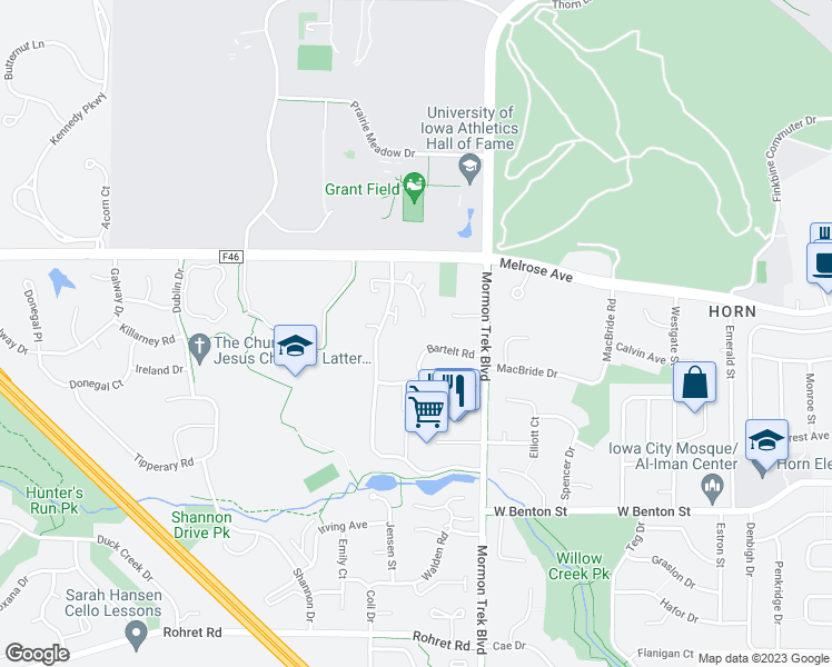 map of restaurants, bars, coffee shops, grocery stores, and more near 2606 Bartelt Road in Iowa City