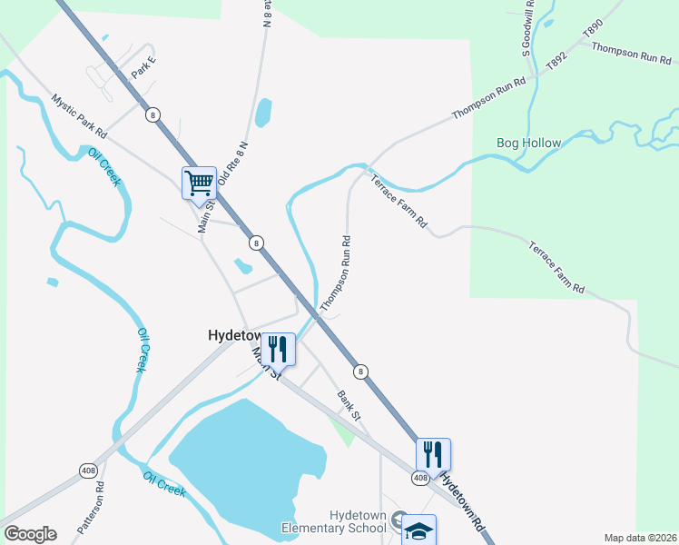 map of restaurants, bars, coffee shops, grocery stores, and more near 41491-41687 Thompson Run Road in Titusville