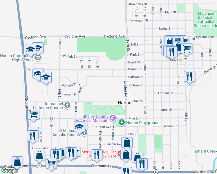 map of restaurants, bars, coffee shops, grocery stores, and more near 1311 Victoria Street in Harlan