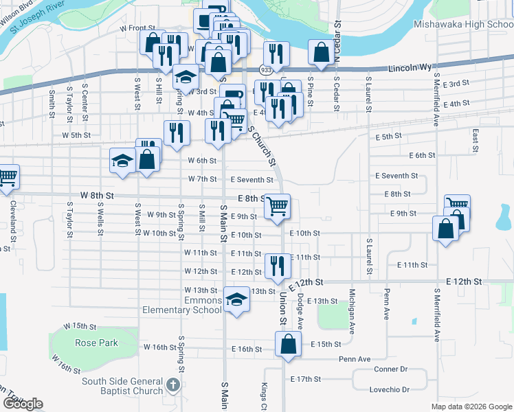 map of restaurants, bars, coffee shops, grocery stores, and more near 303 East 8th Street in Mishawaka