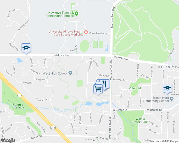 map of restaurants, bars, coffee shops, grocery stores, and more near 510 Westwinds Drive in Iowa City