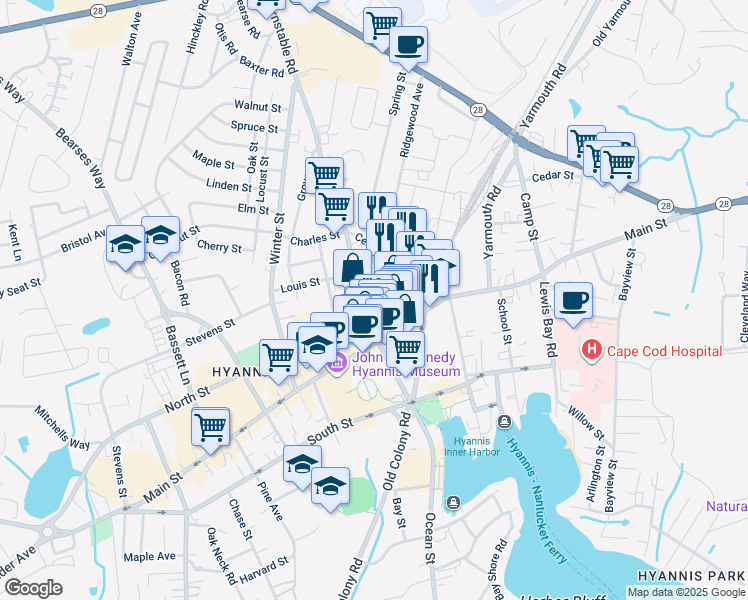 map of restaurants, bars, coffee shops, grocery stores, and more near 49 Elm Avenue in Barnstable