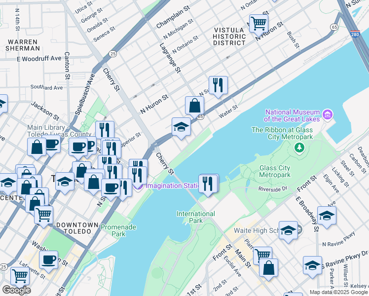 map of restaurants, bars, coffee shops, grocery stores, and more near 803 Water Street in Toledo