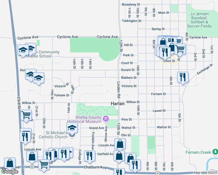 map of restaurants, bars, coffee shops, grocery stores, and more near 1202 Onyx Drive in Harlan