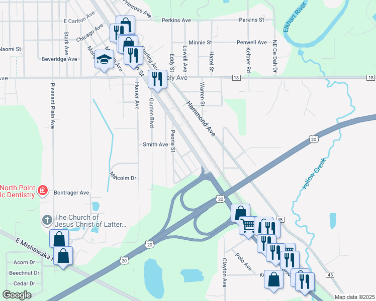 map of restaurants, bars, coffee shops, grocery stores, and more near 3029 S Main St in Elkhart