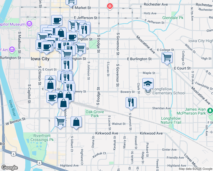 map of restaurants, bars, coffee shops, grocery stores, and more near 518 South Lucas Street in Iowa City