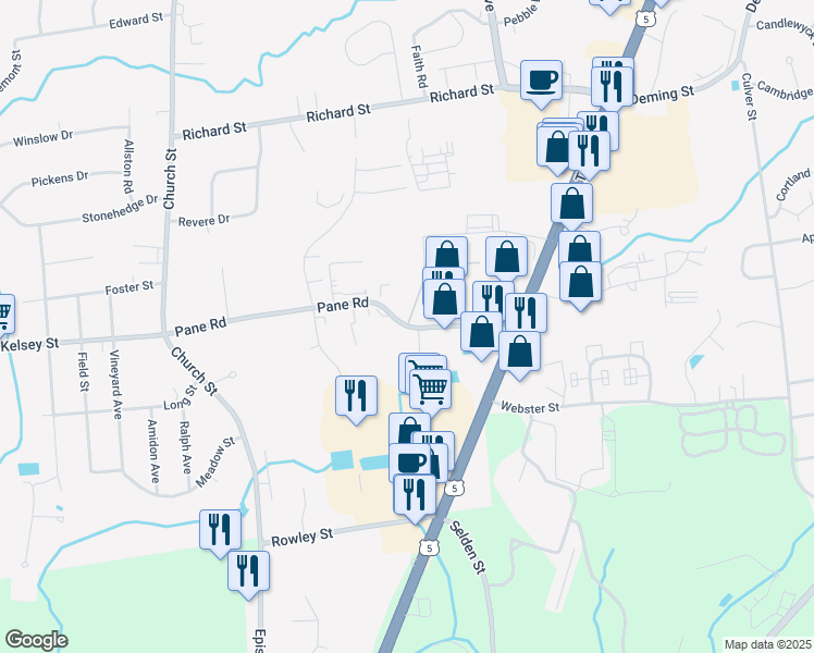 map of restaurants, bars, coffee shops, grocery stores, and more near 98 Pane Road in Newington