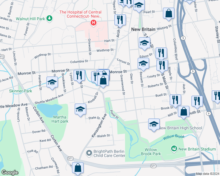 map of restaurants, bars, coffee shops, grocery stores, and more near 51 Andrews Street in New Britain