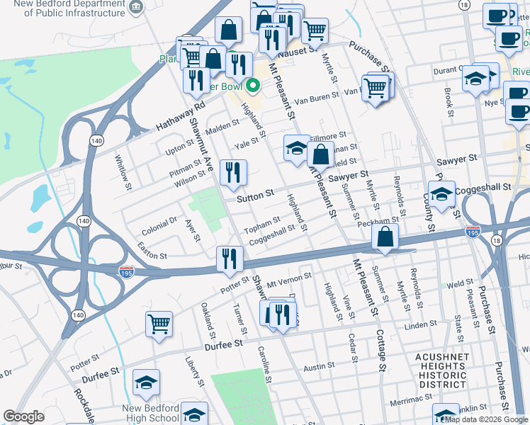 map of restaurants, bars, coffee shops, grocery stores, and more near 42 Townsend Street in New Bedford