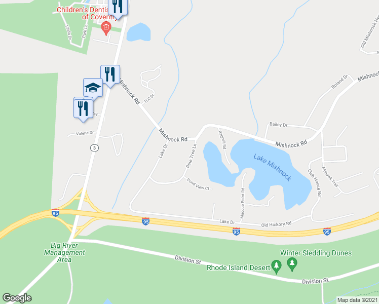 map of restaurants, bars, coffee shops, grocery stores, and more near 11 Pine Tree Lane in West Greenwich