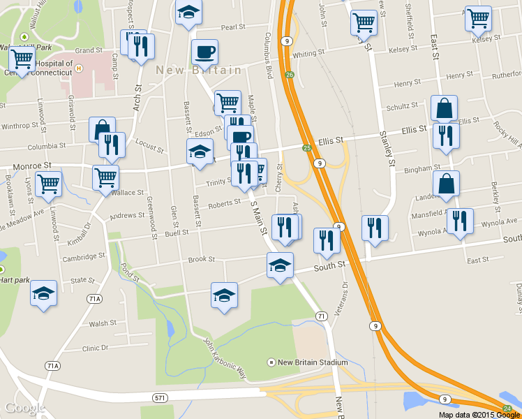 map of restaurants, bars, coffee shops, grocery stores, and more near 364 South Main Street in New Britain
