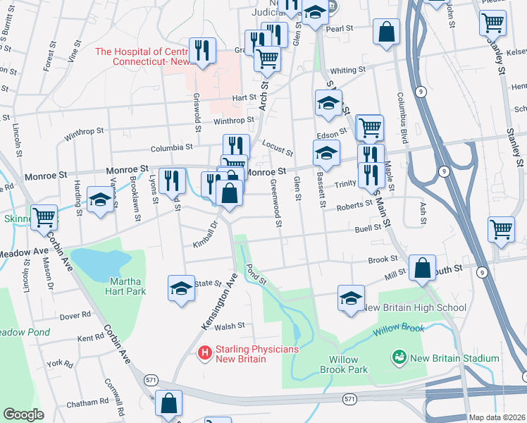 map of restaurants, bars, coffee shops, grocery stores, and more near 101 Greenwood Street in New Britain