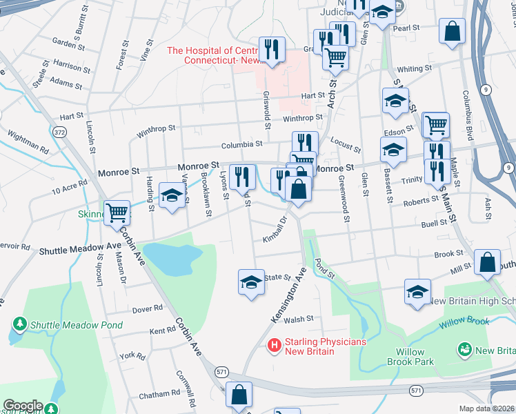 map of restaurants, bars, coffee shops, grocery stores, and more near 43 Shuttle Meadow Avenue in New Britain