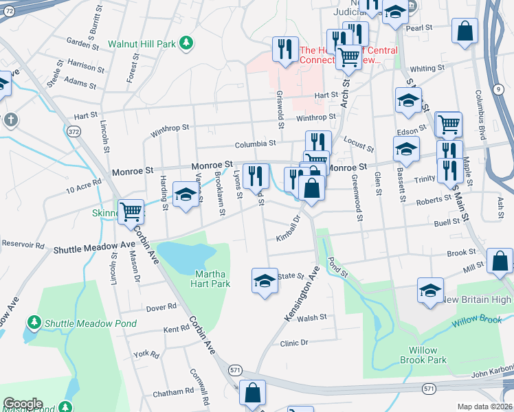 map of restaurants, bars, coffee shops, grocery stores, and more near 85 Shuttle Meadow Avenue in New Britain