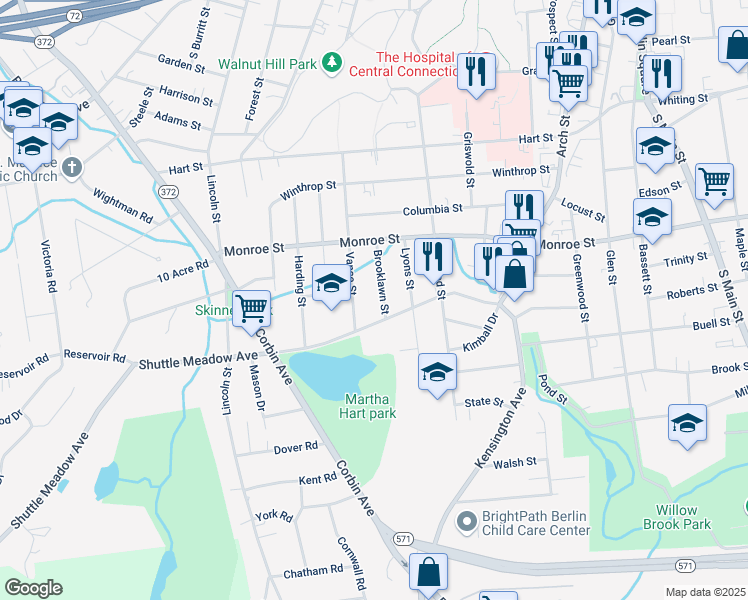 map of restaurants, bars, coffee shops, grocery stores, and more near 162 Vance Street in New Britain